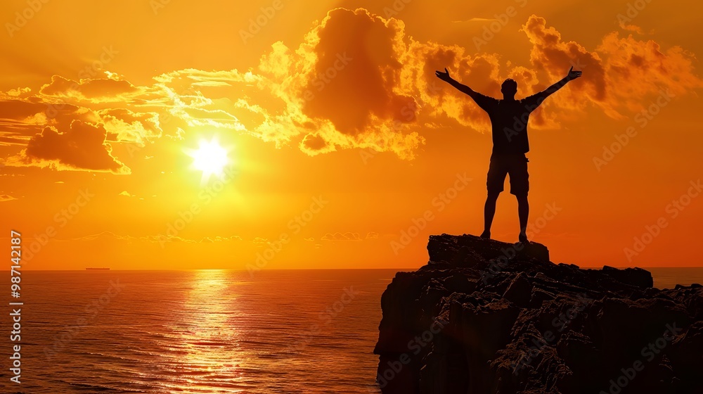 Victor's Silhouette: Overcoming Adversity at Sunset's Edge Victor's Silhouette: Overcoming Adversity at Sunset's Edge