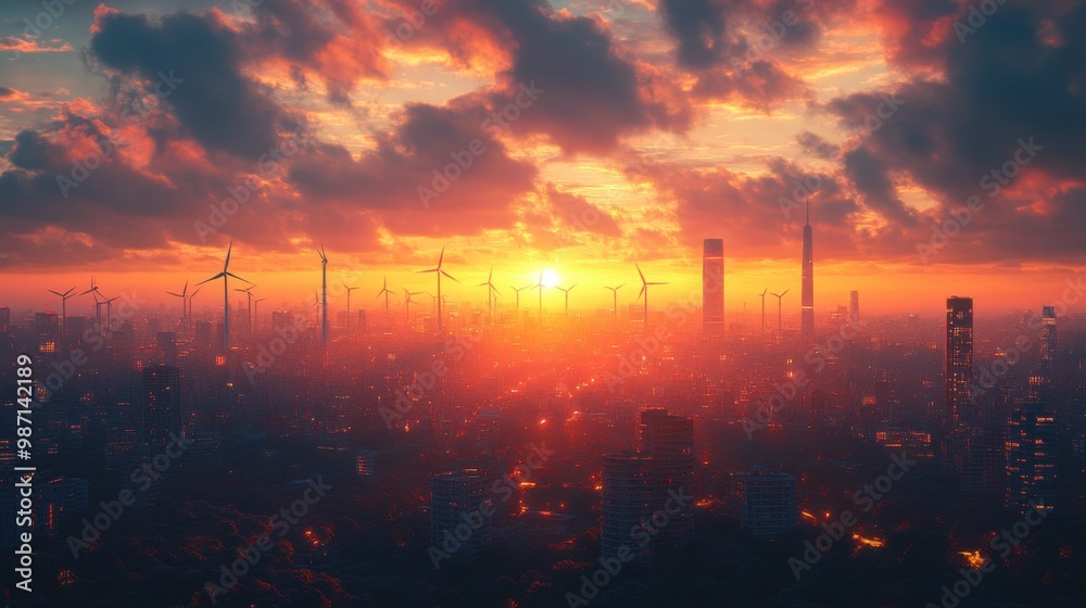 Obraz premium Cityscape at Sunset with Wind Turbines