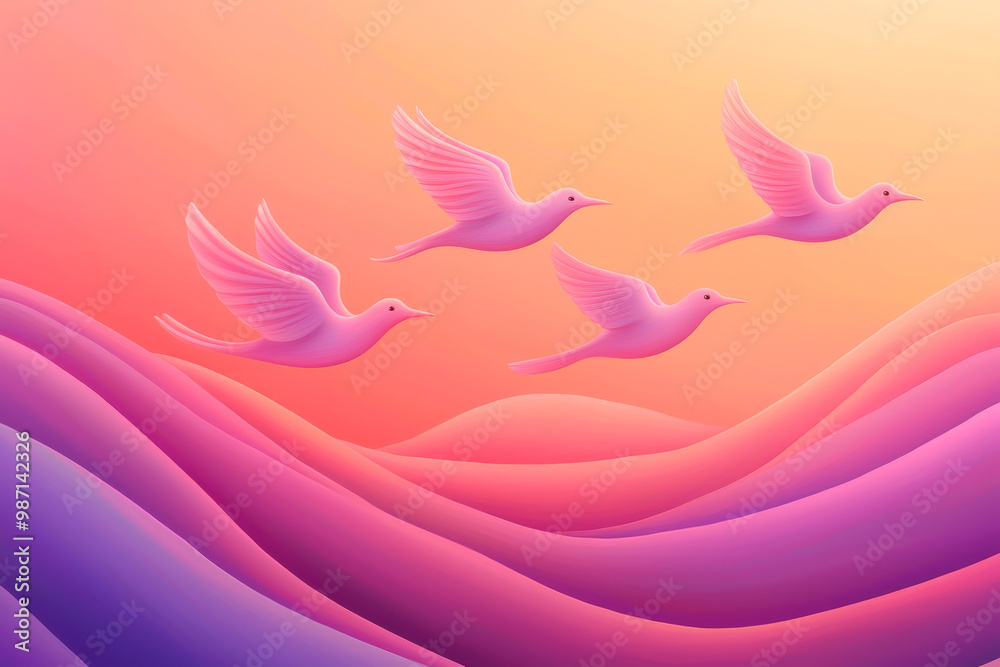 A serene landscape featuring pink birds flying over wavy, colorful hills, blending soft colors in a tranquil atmosphere. A serene landscape featuring pink birds flying over wavy, colorful hills, blending soft colors in a tranquil atmosphere.