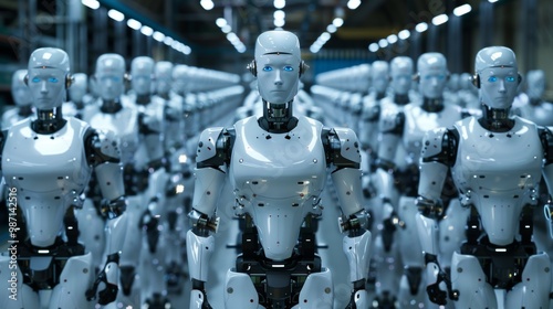 Robotic Humanoids in a Futuristic Industrial Factory Performing Automated Tasks