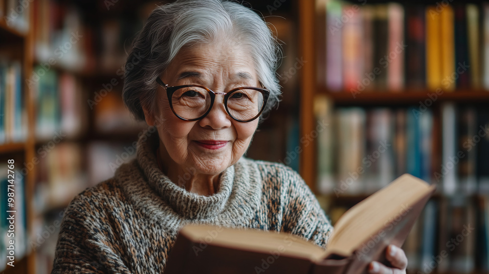 Smiling Elderly Asian Lady in a Cozy Library Reading a Book. Embracing the Joy of Reading and Learning. Smiling Elderly Asian Lady in a Cozy Library Reading a Book. Embracing the Joy of Reading and Learning.