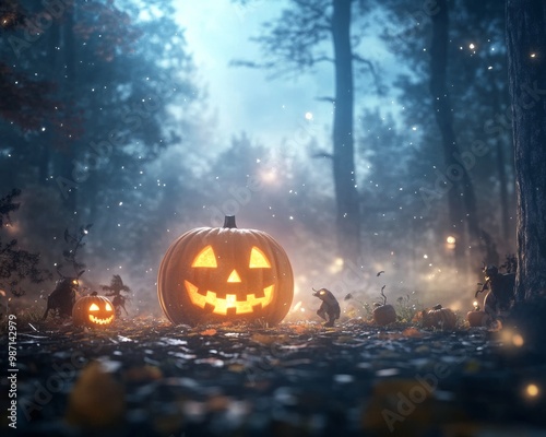 Giant glowing Jack o Lantern surrounded by dark forest creatures photo