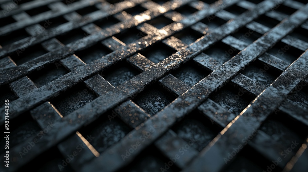 Close-up of a Textured Metal Grid with a Glimmer of Light Close-up of a Textured Metal Grid with a Glimmer of Light