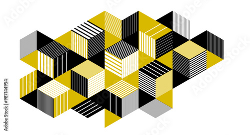 Abstract vector art with 3D isometric cubes geometric background, op art blocks with different forms isolated, polygonal graphic design, cubical theme.