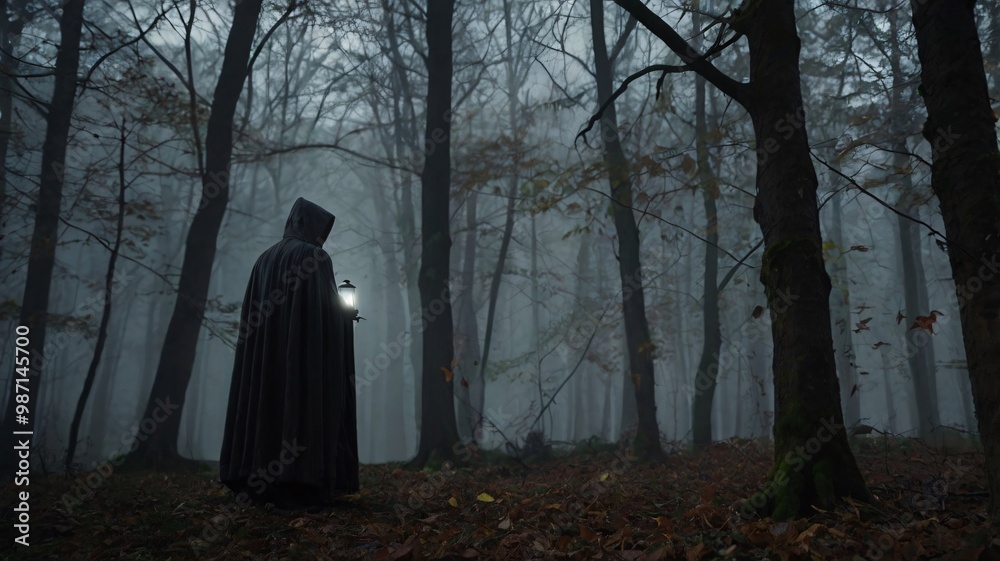 A dark forest setting with a mysterious figure dressed in a cloak, holding a lantern, surrounded by trees covered in fog and fallen leaves A dark forest setting with a mysterious figure dressed in a cloak, holding a lantern, surrounded by trees covered in fog and fallen leaves
