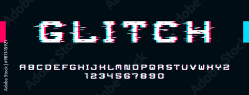 Glitch noisy geometric vector font in analog style, futuristic cyberpunk typeface with digital grunge effect, matrix typography alphabet letters and numbers.
