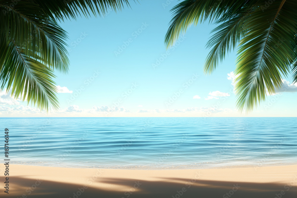 A tranquil beach scene with gentle waves and palm leaves framing the view, perfect for relaxation and tropical vibes.