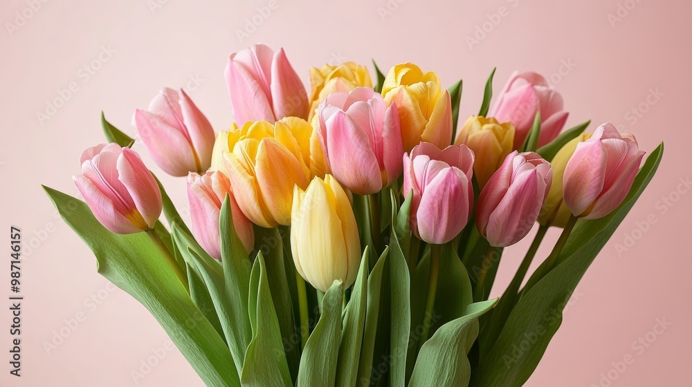 A pastel-colored bouquet of tulips, with pink and yellow flowers, displayed in a modern, minimalist setting A pastel-colored bouquet of tulips, with pink and yellow flowers, displayed in a modern, minimalist setting