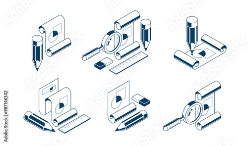 Engineering project concept set, paper document blueprint with pencil engineer work job vector 3D isometric illustration, abstract plan drawing, cad scheme icon.