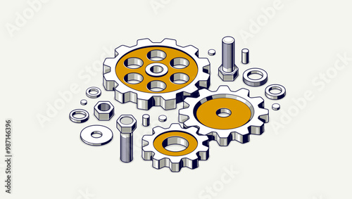Mechanical engineering concept, gears and cogs composition isometric 3D vector illustration, cogwheels system technology and technics machinery engine.