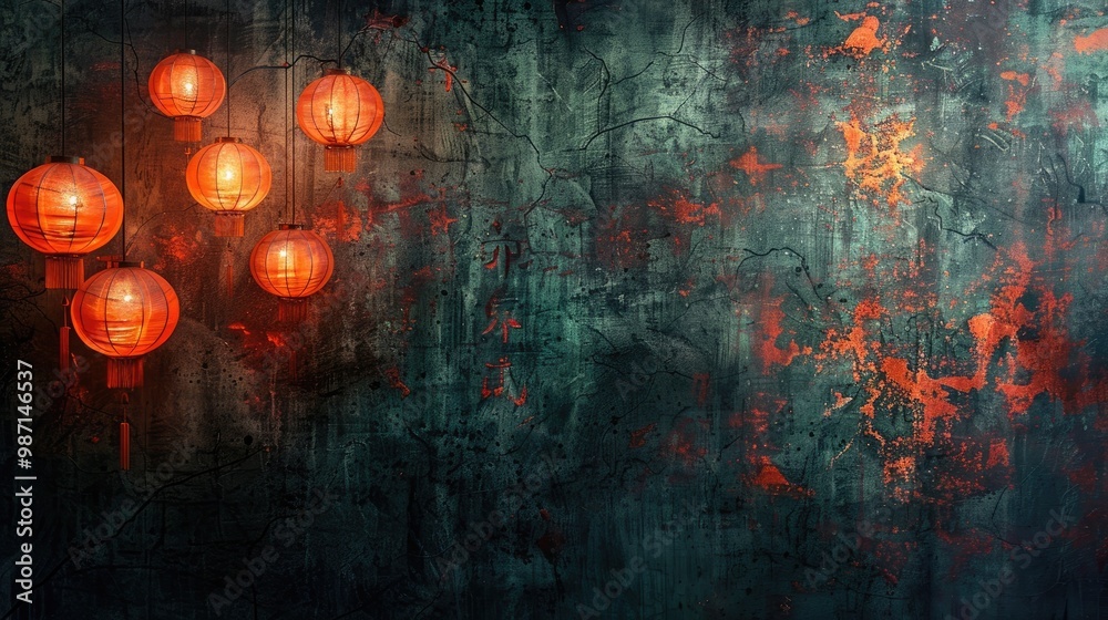 Glowing red Chinese lanterns hanging in an urban night scene creating a festive and auspicious atmosphere with reflections in the water  of a traditional Chinese holiday or festival