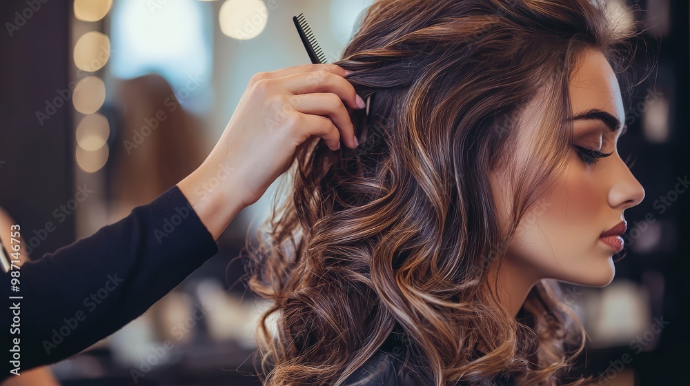 Fototapeta premium Close-up of a hairstylist perfecting curls on a woman with long, wavy hair in a beauty salon, creating a glamorous and elegant look.