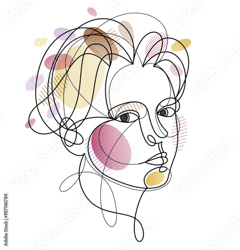 Woman beauty face vector linear illustration, delicate line art of attractive girl portrait, abstract feminine drawing minimal style isolated.