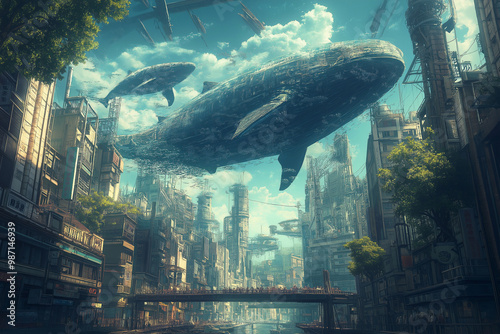 the world of the future, where airplanes, whales and fish fly in the sky, futurism photo