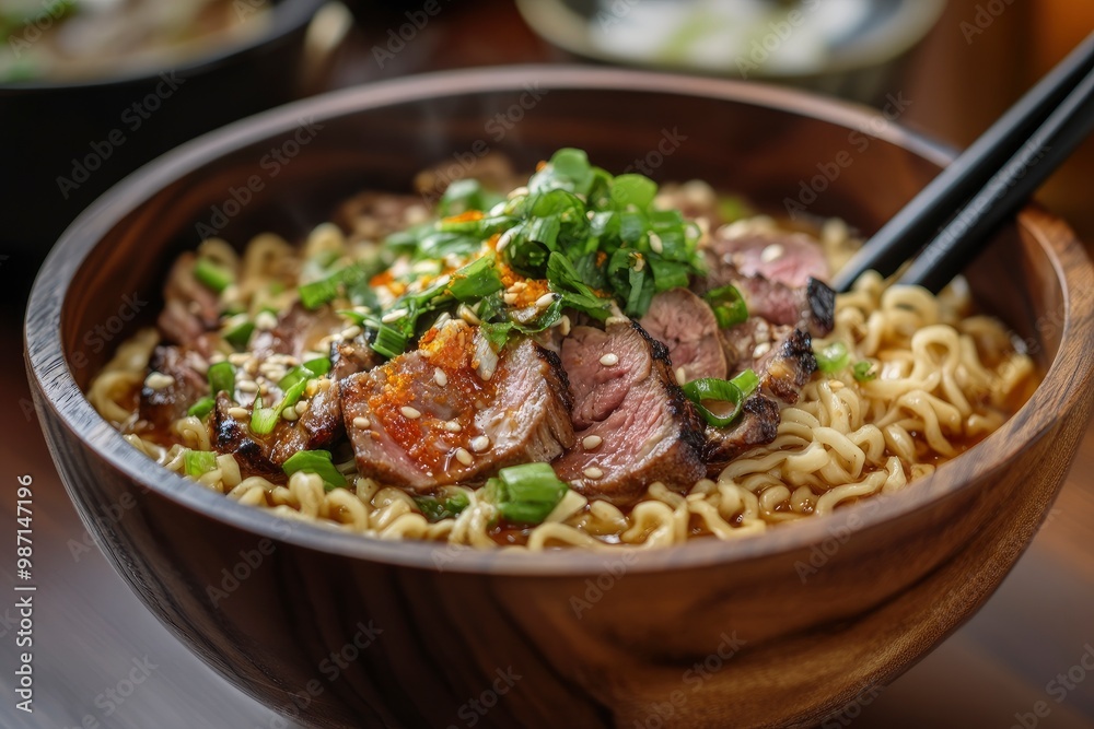 A bowl of ramen with noodles, meat and green onions, served in a wooden bowl, ai A bowl of ramen with noodles, meat and green onions, served in a wooden bowl, ai