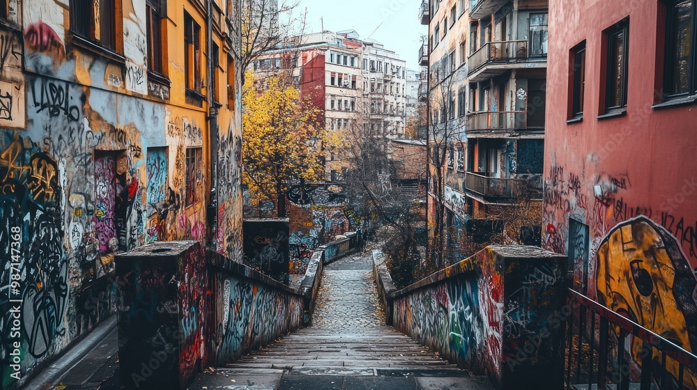 Fototapeta premium Stairs lead down into a lively urban area, where colorful graffiti covers the walls. Trees with autumn leaves peek through the buildings, creating a contrast of nature and urban art.