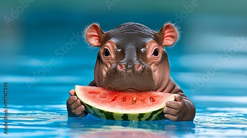 Adorable Hippo Enjoying Watermelon Slice in Pool