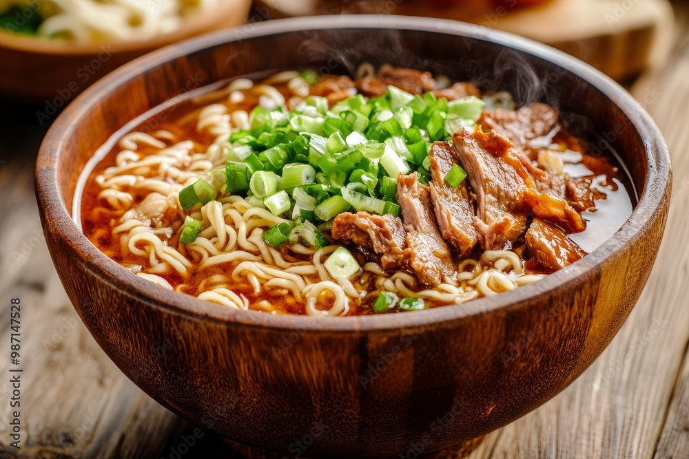 A bowl of ramen with noodles, meat and green onions, served in a wooden bowl, ai