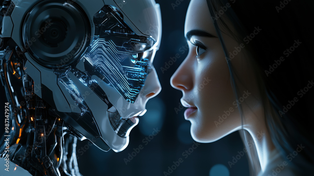 Fototapeta premium close up of AI robots face next to real human, showcasing technology and emotion