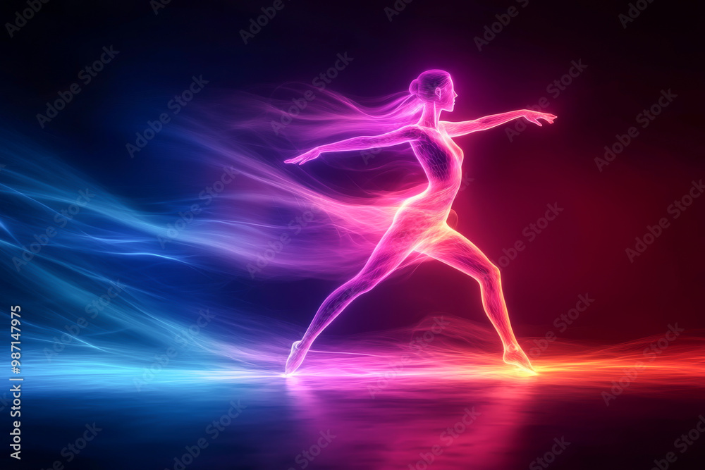A vibrant depiction of a dancer embodying motion and energy through colorful light trails. Perfect for creative projects.