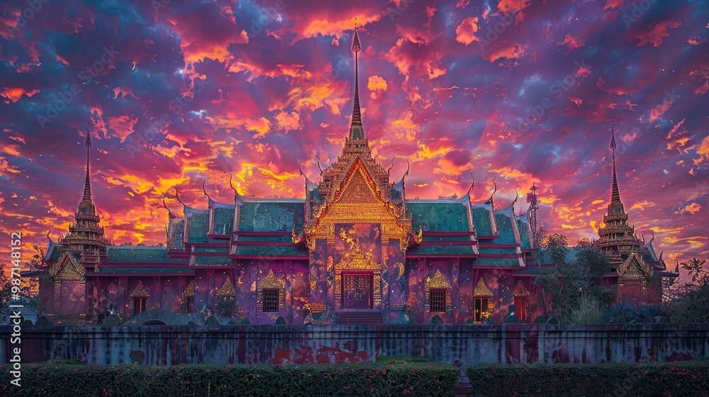 Obraz premium Breathtaking Sunset Skyscape with Dramatic Clouds Illuminating the Majestic and Ornate Buddhist Temple Architecture in Thailand