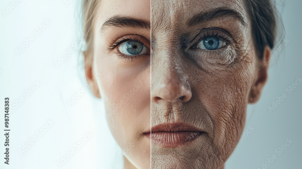 Close-up of a woman's face showing a before and after aging effect, highlighting the difference between youthful and aged skin. Close-up of a woman's face showing a before and after aging effect, highlighting the difference between youthful and aged skin.