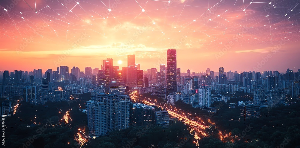 Obraz premium Cityscape at sunset with glowing network lines.