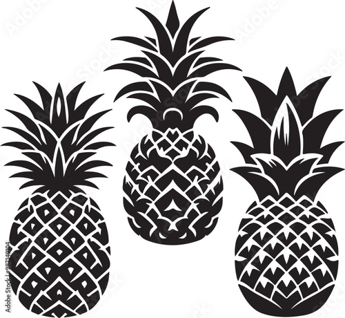 A simple and bold set of pineapple silhouettes in vector format, perfect for tropical-themed designs and artwork.