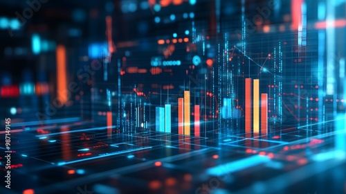 Data Segmentation: An intricate digital network visualizing broken-down business metrics into specific categories and time periods, with detailed bar graphs and interconnected data nodes