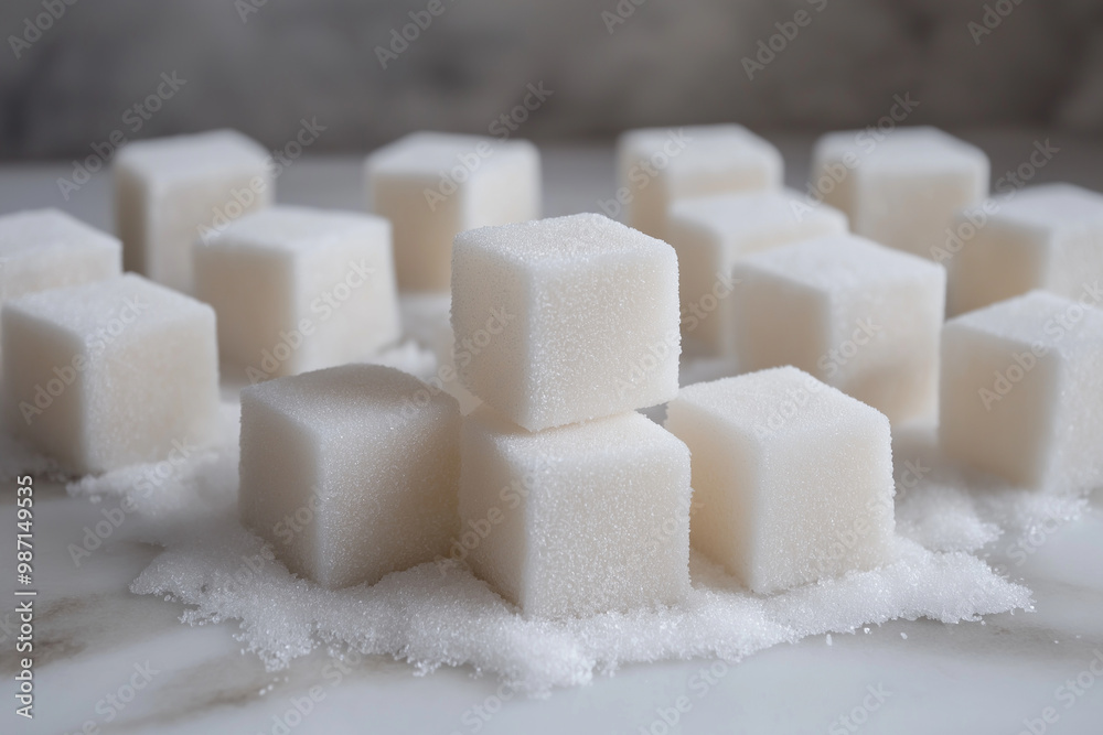 White Sugar Cubes on Marble Surface White Sugar Cubes on Marble Surface