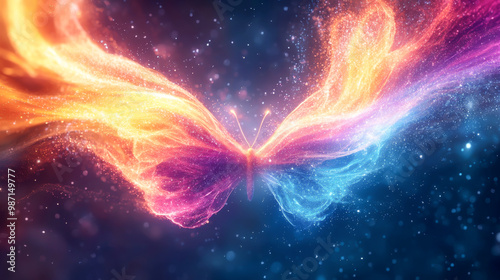 A vibrant, glowing butterfly with colorful wings against a starry background, evoking a sense of magic and transformation.