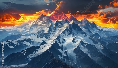 Majestic mountain divided by contrasting fiery inferno and icy terrain, illustrating the extremes of weather and natures striking duality