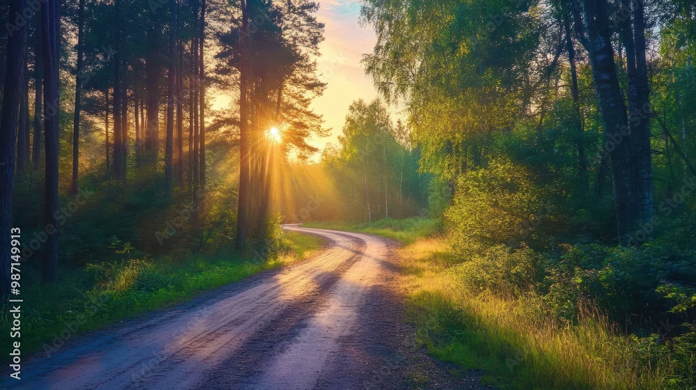 Obraz premium Sun Rays Illuminating Forest Path