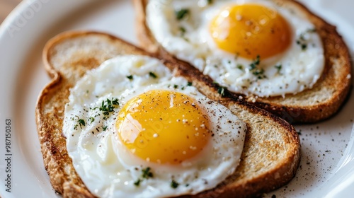 Close-up of two sunny side up eggs on toasted bread with seasoning, served on a white plate for breakfast.