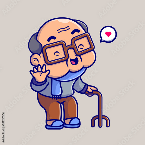Cute Grandfather Walking With Cane Cartoon Vector Icon 
Illustration. People Health Icon Concept Isolated Premium 
Vector. Flat Cartoon Style