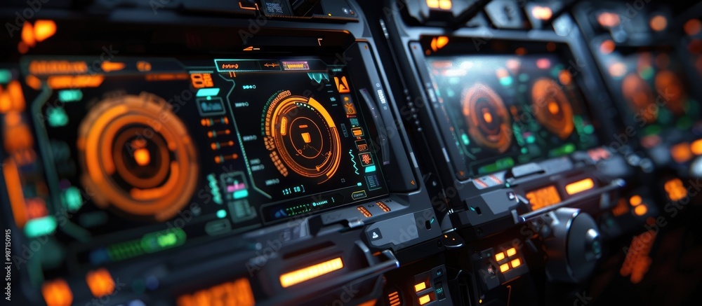 Closeup view of a high tech aerospace cockpit with a complex digital instrument panel glowing screens and various controls like buttons knobs and switches Closeup view of a high tech aerospace cockpit with a complex digital instrument panel glowing screens and various controls like buttons knobs and switches