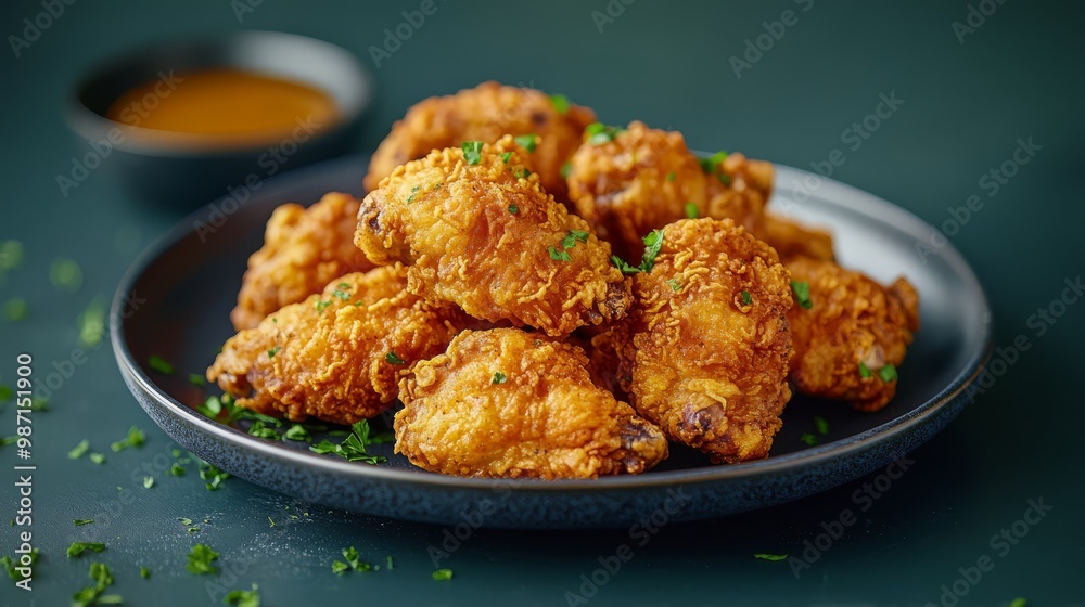 Crispy and golden fried chicken wings served on a stylish black plate with a side of dipping sauce, garnished with fresh herbs. Crispy and golden fried chicken wings served on a stylish black plate with a side of dipping sauce, garnished with fresh herbs.