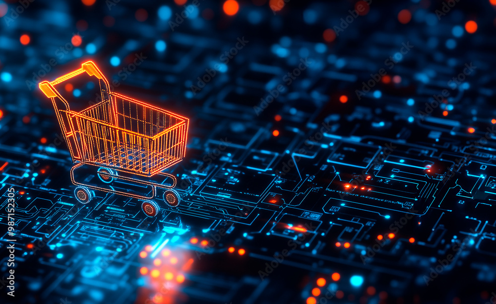 Shopping cart made of orange LED lights stands on electronic dark blue background, banner for online stores and online sales Shopping cart made of orange LED lights stands on electronic dark blue background, banner for online stores and online sales