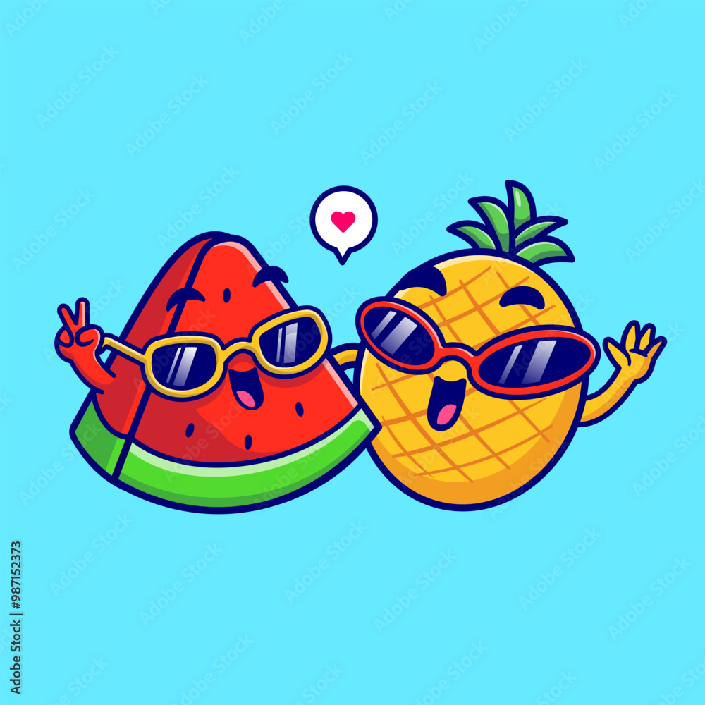 Fototapeta premium Cute Watermelon And Pineapple Friend Wearing Glasses Cartoon Vector Icon Illustration. Fruit Summer Icon Concept Isolated Premium Vector. Flat Cartoon Style 