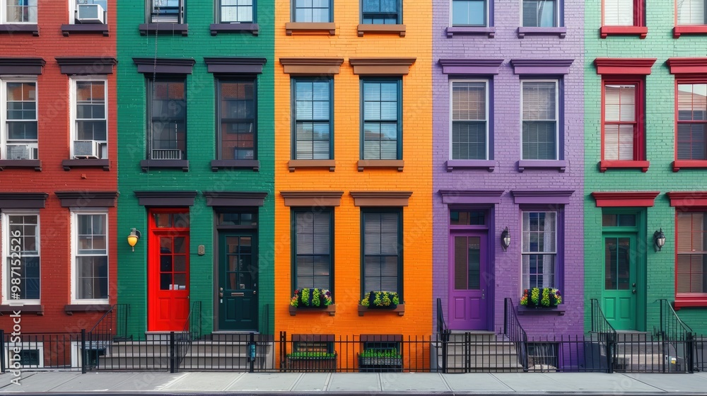 Fototapeta premium Colorful Architectural Facade With Vibrant Rainbow Windows and Doors in Urban City Neighborhood Residential Building With Contrasting Bright Colors
