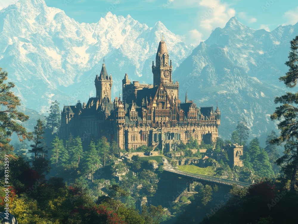 Fototapeta premium Majestic castle nestled among lush green forests and towering snow-capped mountains under a cloudy sky, AI Generation