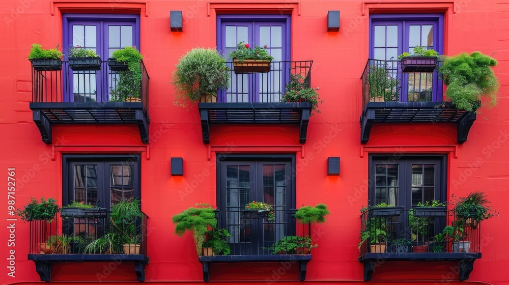 Naklejka premium Vibrant Colorful Architectural Facade with Balconies Flowers and Decorative Elements in a Historic European City Street