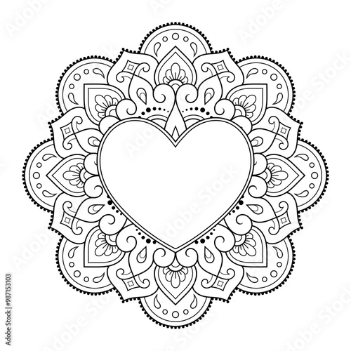 Frame in eastern tradition. Stylized with henna tattoos decorative pattern for decorating covers for book, notebook, casket, magazine, postcard and folder. Flower Heart in mehndi style.