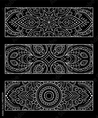 Printable bookmark for book - coloring. Set of black and white labels with flower patterns, hand draw in mehndi style. Sketch of ornaments for creativity of children and adults with colored pencils.