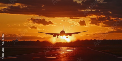 plane taking off at sunset 