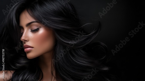 Elegant woman with flowing black hair and flawless skin in profile against dark background, showcasing beauty and sophistication.