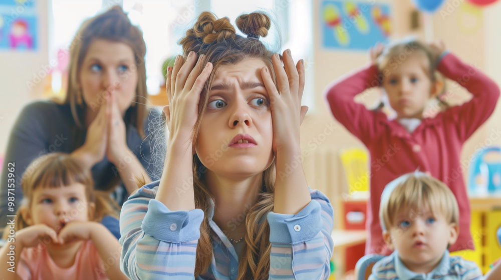 The daycare teacher shrieks in panic, seeing an oversized group of naughty children. The daycare teacher shrieks in panic, seeing an oversized group of naughty children.