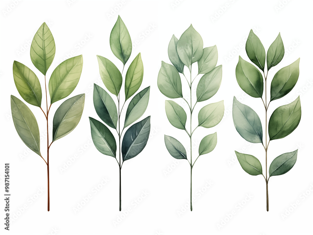 Green natural leaves collection isolated on white background. Botanical design. Watercolor style. Image generated by AI technology Green natural leaves collection isolated on white background. Botanical design. Watercolor style. Image generated by AI technology