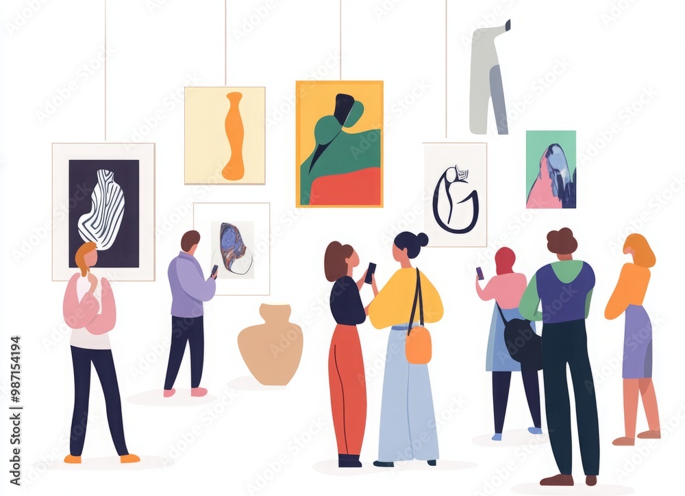 Fototapeta premium Cultural Connoisseurs: Flat Vector Illustration of People Engaging in an Art Gallery