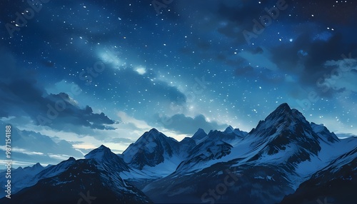 Mesmerizing night sky illuminating serene mountain range with twinkling stars against a deep blue backdrop